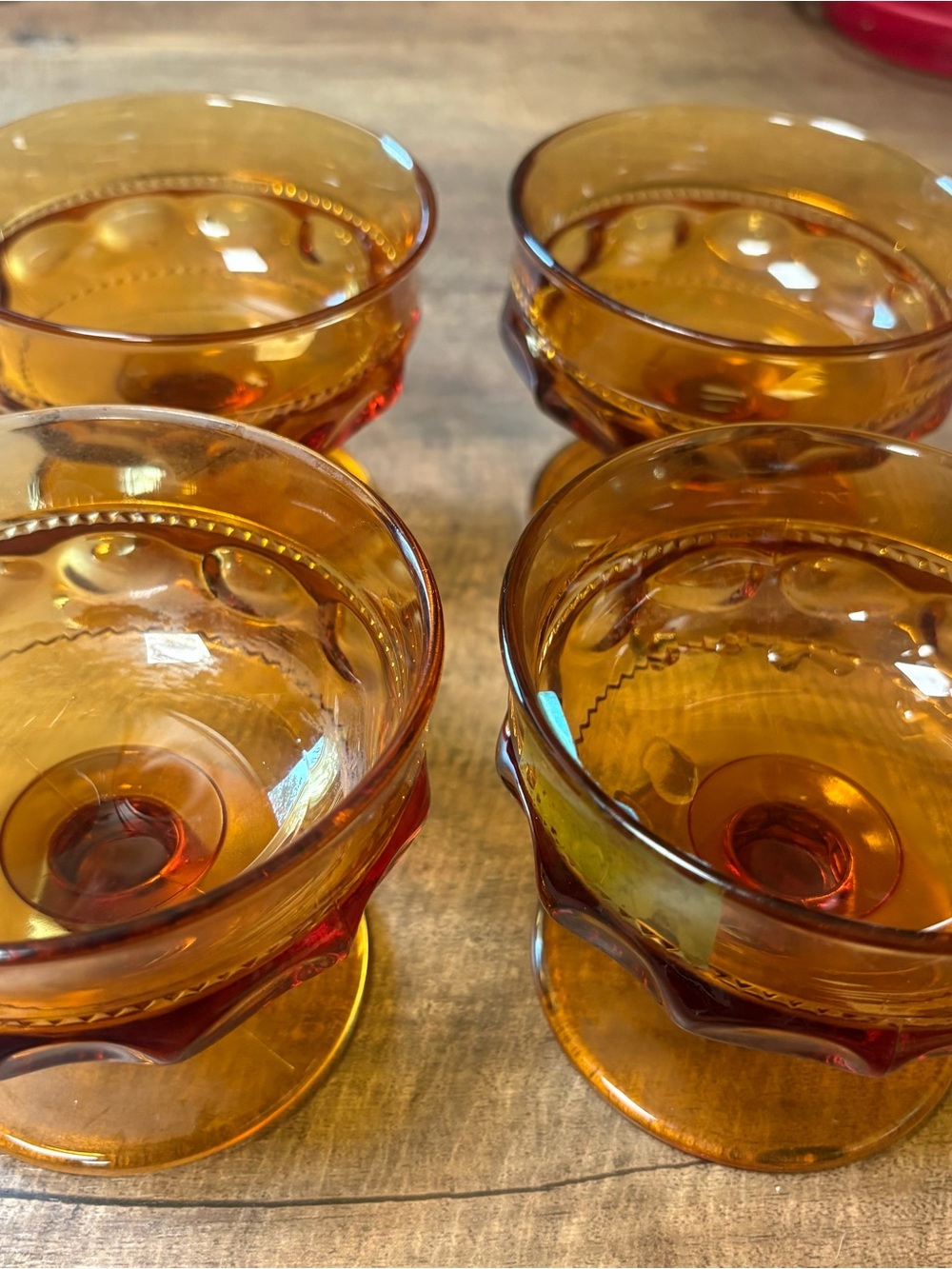 Indiana Glass Amber Kings Crown Thumbprint Footed Pedestal Dessert Dish Set of 4